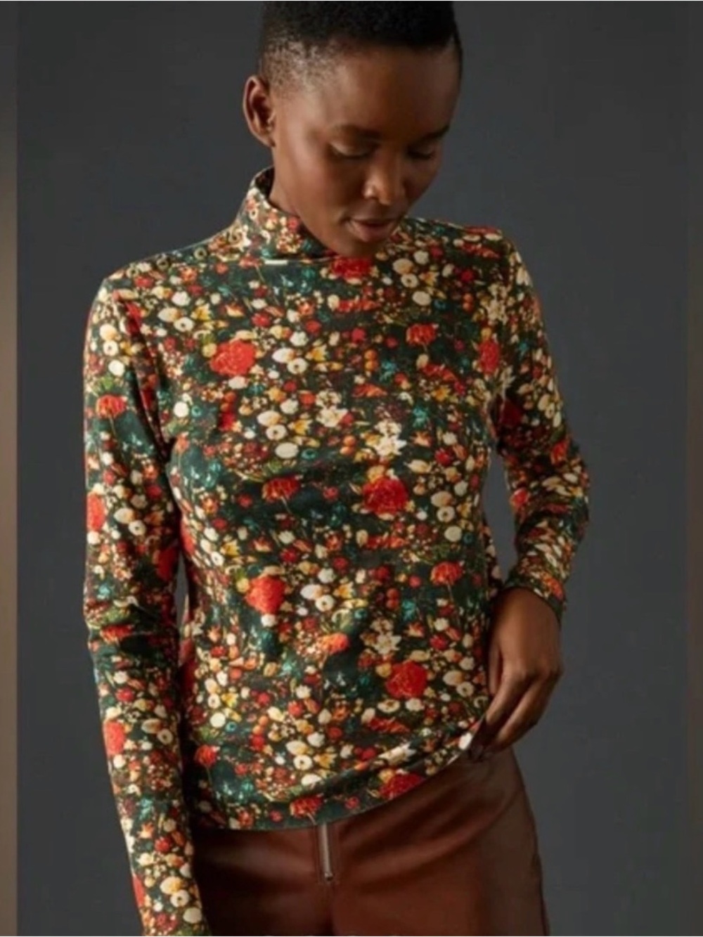 Maeve Anthropologie Floral Mock Neck Top Size Small Long Sleeve